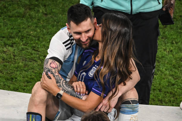 Lionel Messi with his wife Antonela Roccuzzo after the match.