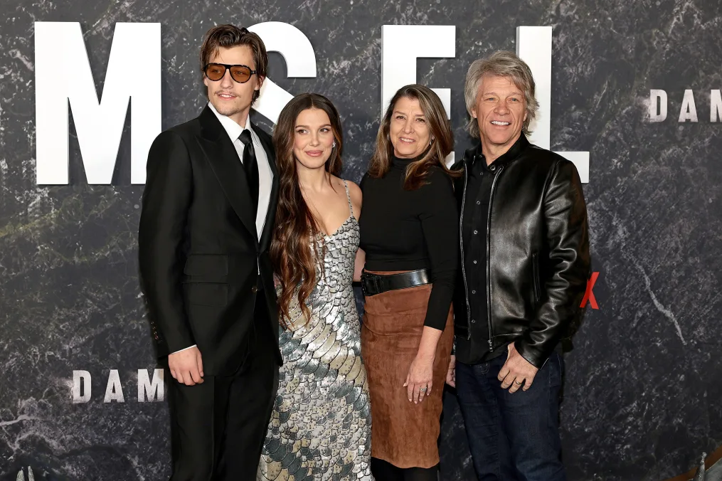 Jake Bongiovi (left), Millie Bobby Brown (center-left), Dorothea Hurley (center-right) and Jon Bon Jovi (right) in March.