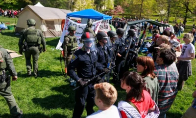 Indiana State Police confront pro-Palestinian protesters at Indiana University in Bloomington on April 25.