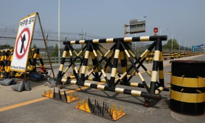 Barricades are placed near the Unification Bridge leading to Panmunjom in the Demilitarized Zone (DMZ) on June 11, 2024 in Paju, South Korea. Chung Sung-Jun/Getty Images