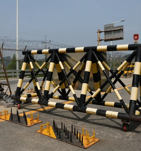 Barricades are placed near the Unification Bridge leading to Panmunjom in the Demilitarized Zone (DMZ) on June 11, 2024 in Paju, South Korea. Chung Sung-Jun/Getty Images